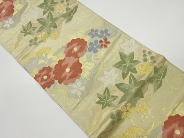 道長取りに草花・唐草模様織出し袋帯